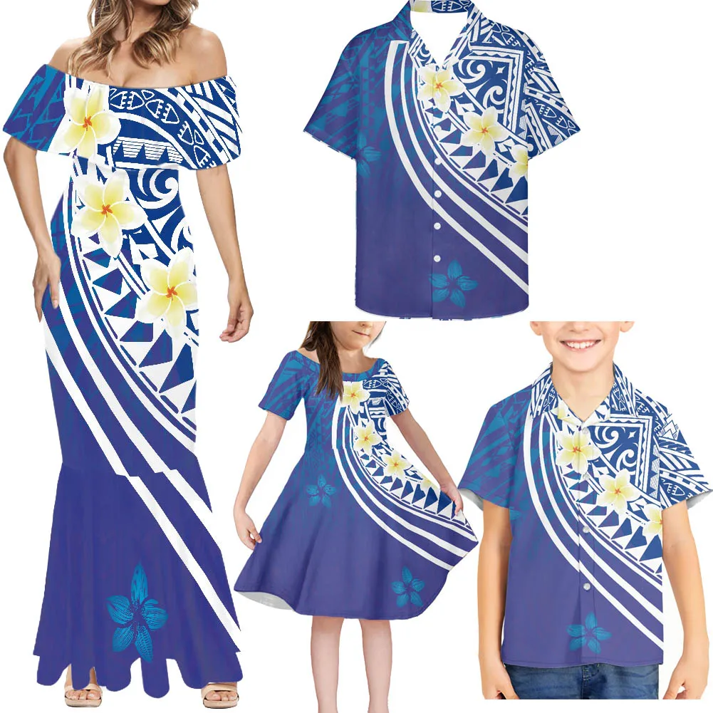 Cumagical Fashion Polynesian Island Vacation Party Hawaiian 4pcs Family Outfits Samoan Puletasi Style Mom And Me Mermaid Dress 
Cumagical Fashion Polynesian Island Vacation Party Hawaiian 4pcs Family Outfits Samoan Puletasi Style Mom And Me Mermaid Dress