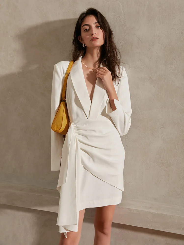 Elegant White Cotton Suit Mini Dresses for Women 2023 Spring Summer Folds Office Lady Full Sleeve V Neck Dress 
Elegant White Cotton Suit Mini Dresses for Women 2023 Spring Summer Folds Office Lady Full Sleeve V Neck Dress