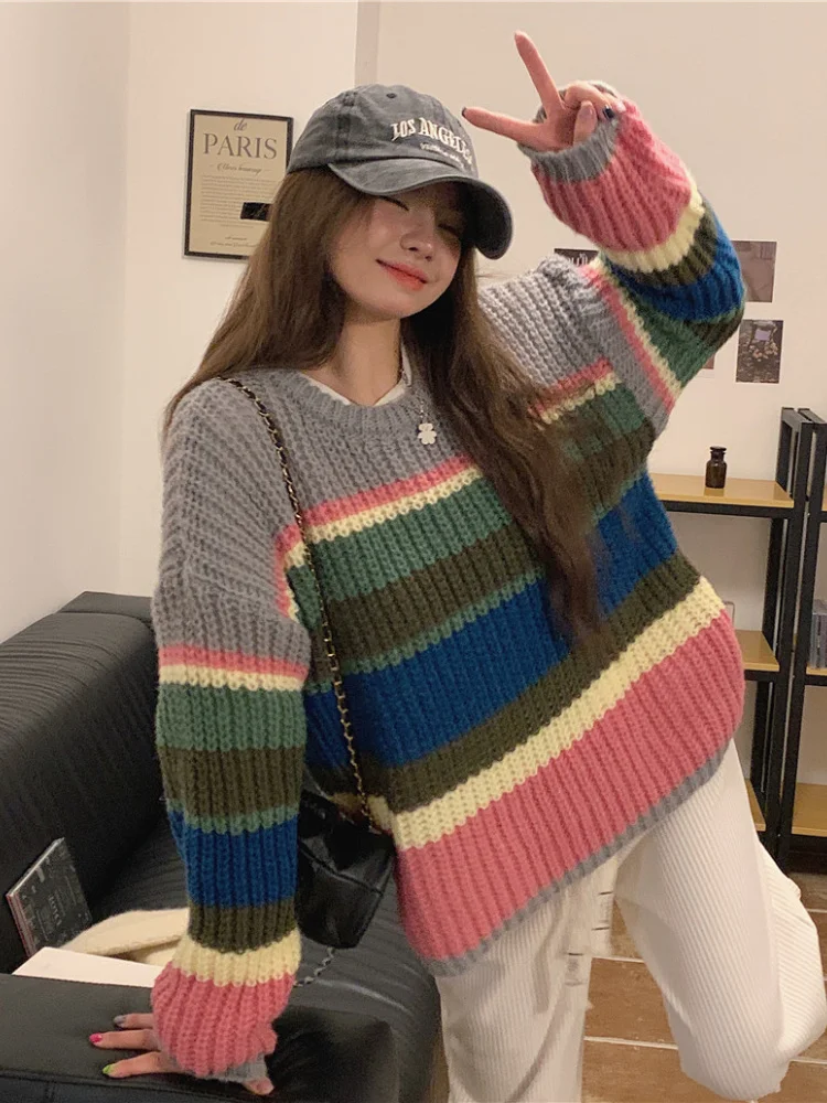 Rainbow Striped Pullover Sweater Women Chic Loose Long Sleeve Knit Tops Female Y2k Fall Sweet O Round Jumper Mujer
Rainbow Striped Pullover Sweater Women Chic Loose Long Sleeve Knit Tops Female Y2k Fall Sweet O Round Jumper Mujer