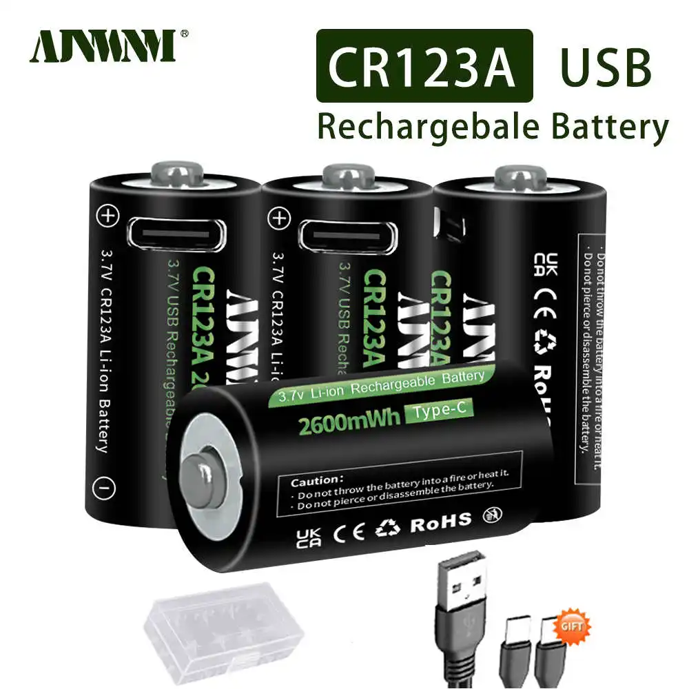 

New CR123A Rechargeable Battery 3.7V Li-ion CR17345 16340 Batteries for Laser Pen LED Flashlight Cell + Type-c Cable