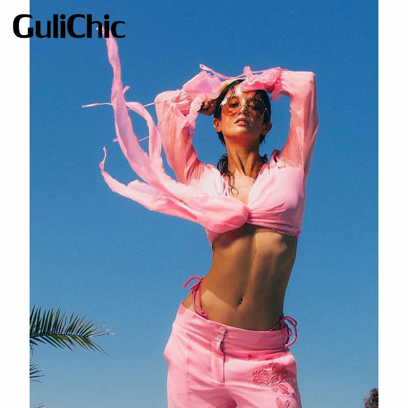 7.7 GuliChic Women Sexy Temperament Pink Flared Sleeve Lace-Up High Waist Mesh Sun Protection Short Shirt / Blouse
7.7 GuliChic Women Sexy Temperament Pink Flared Sleeve Lace-Up High Waist Mesh Sun Protection Short Shirt / Blouse