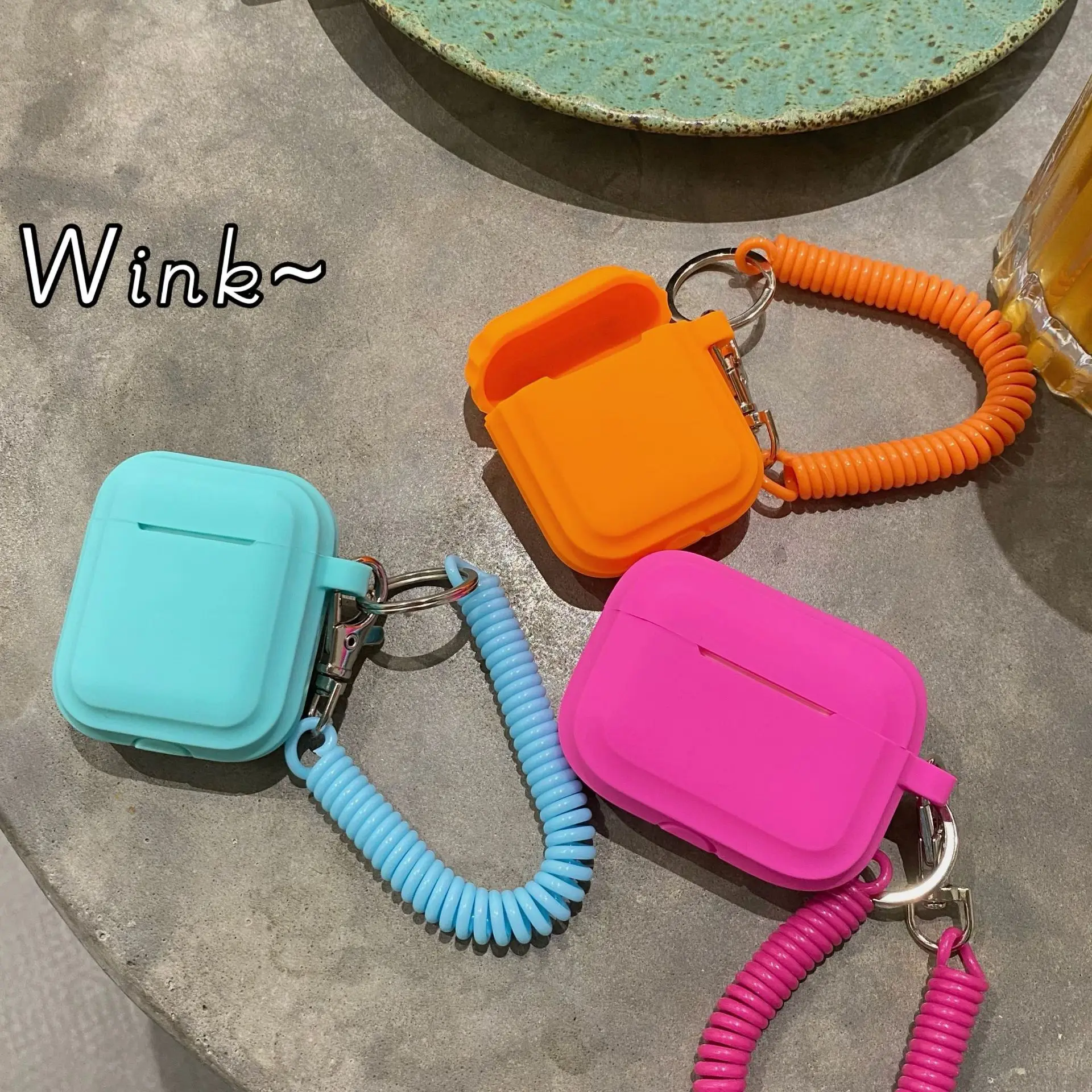 

Case For Airpods 1/2/3 Silicone Solid Color Protective Earphone Cover For Apple Air Pods Pro 2 with Spring Fexible Chain Keyring