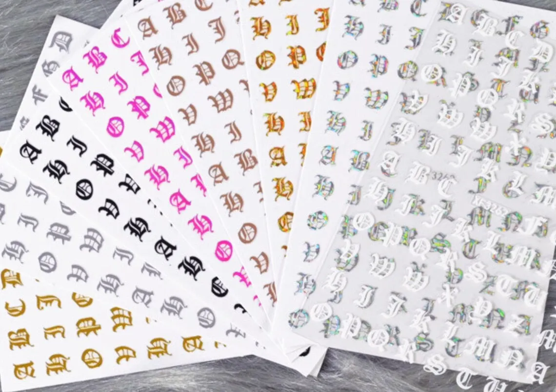 3D nail decals letters old English Nail Sticker Decals Wrap 3D Nail Art Supplies 6Pcs/12PCS Letter Number Nail Sticker C003 
3D nail decals letters old English Nail Sticker Decals Wrap 3D Nail Art Supplies 6Pcs/12PCS Letter Number Nail Sticker C003
