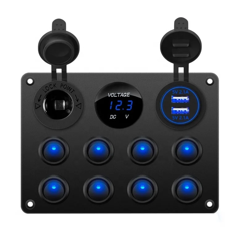 Waterproof 8 Gang Rocker Dual USB Charger Digital Voltmeter 12V Outlet Pre-Wired Switch Panel with Circuit Breakers
Waterproof 8 Gang Rocker Dual USB Charger Digital Voltmeter 12V Outlet Pre-Wired Switch Panel with Circuit Breakers