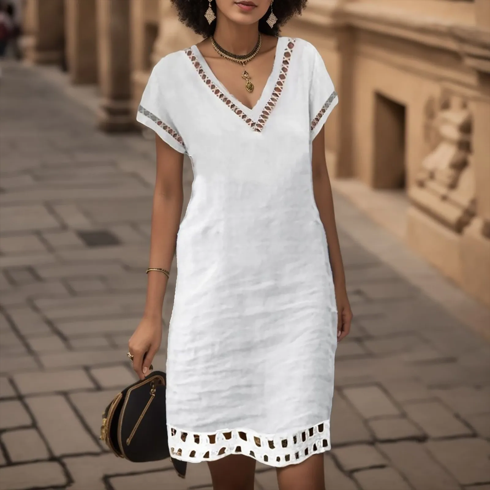 Летнее повседневное однотонное платье с V-образным вырезом, женское офисное модное платье с коротким рукавом, женское мини-платье из хлопка и льна 2023
Летнее повседневное однотонное платье с V-образным вырезом, женское офисное модное платье с коротким рукавом, женское мини-платье из хлопка и льна 2023