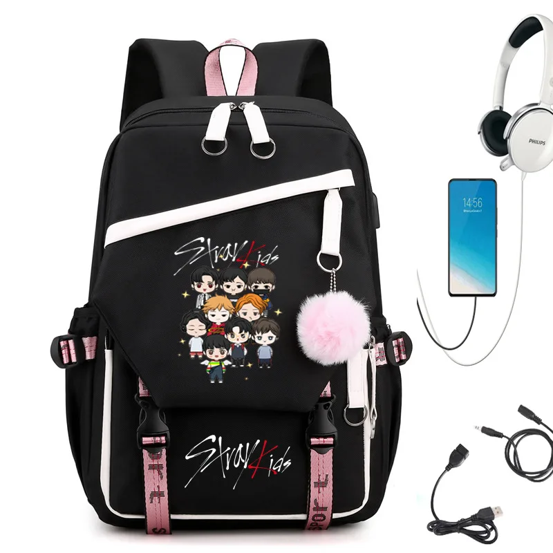 

USB Kpop Stray Kids Backpack Hair Ball Pendant Big Capacity School Bag Mochila Backpack Traveling Bag for Hyunjin Felix Bangchan