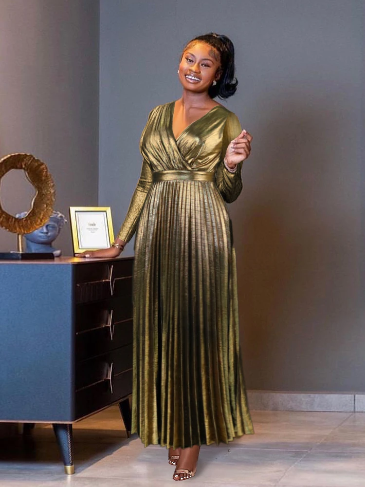 V Neck Pleated Dresses Long Sleeve Gold High Waist Metalic Ankle Length Evening Birthday Cocktail Party Gowns for Ladies Winter
V Neck Pleated Dresses Long Sleeve Gold High Waist Metalic Ankle Length Evening Birthday Cocktail Party Gowns for Ladies Winter