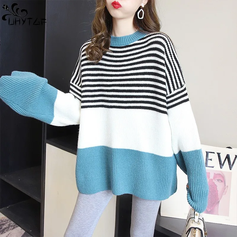 UHYTGF Sweater Pullover Women Autumn Round Neck Splicing Color Striped Long Sleeve Loose Outside Wear Sweet Fresh Lady Knitwear
UHYTGF Sweater Pullover Women Autumn Round Neck Splicing Color Striped Long Sleeve Loose Outside Wear Sweet Fresh Lady Knitwear