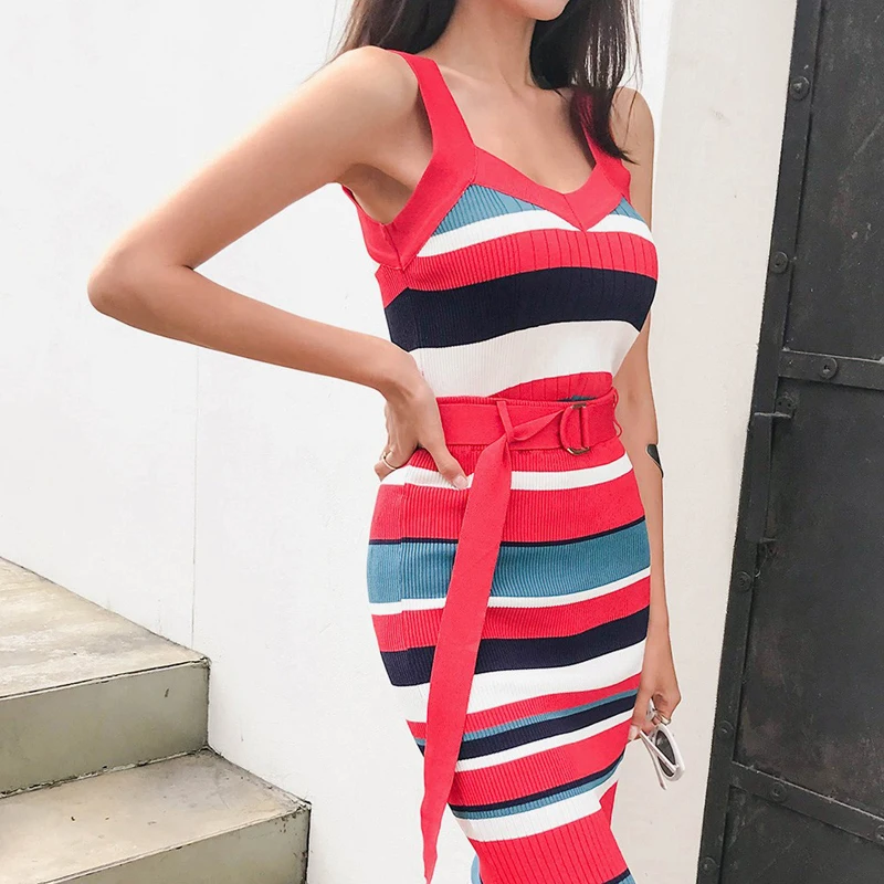 New Summer Slim Rainbow Striped Spaghetti Strap Sleeveless Knitted Tops + High Waist Bodycon Skirts Two-piece Sets For Women
New Summer Slim Rainbow Striped Spaghetti Strap Sleeveless Knitted Tops + High Waist Bodycon Skirts Two-piece Sets For Women