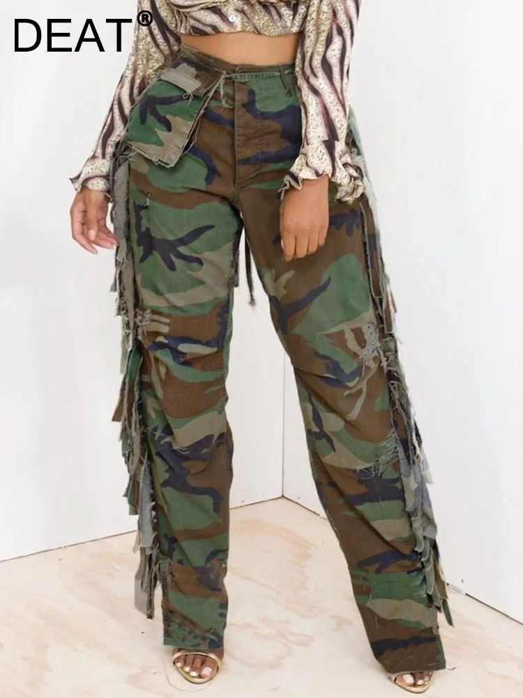 Женские камуфляжные брюки с высокой талией, дизайнерские брюки-карго составного кроя с бахромой сбоку, модель 11XX3273 на лето, 2023 
Женские камуфляжные брюки с высокой талией, дизайнерские брюки-карго составного кроя с бахромой сбоку, модель 11XX3273 на лето, 2023