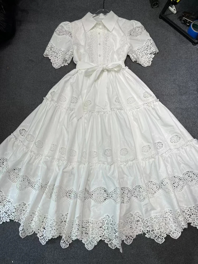 

Женское платье-рубашка с цветочным узором, длинное платье с водорастворимым кружевом и воротником-стойкой, весна-лето 2023