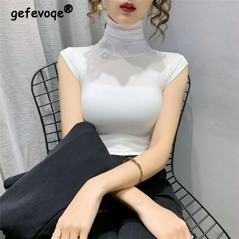 Elegant High Collar Sexy Skinny Sleeveless Basic T Shirt Vest Women 2023Summer Fashion Casual Black White Slim Tank Tops Clothes
Elegant High Collar Sexy Skinny Sleeveless Basic T Shirt Vest Women 2023Summer Fashion Casual Black White Slim Tank Tops Clothes