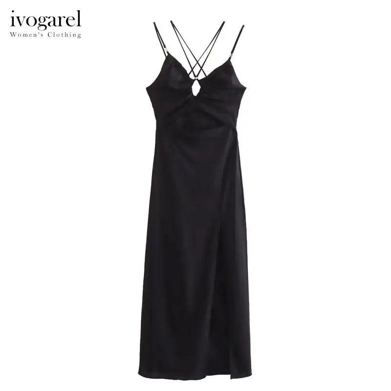 

Ivogarel Black Linen Blend Midi Dress with Cut-Out Detail Women's Party Formal Occasion Dress Crossed Thin Straps Front Slit