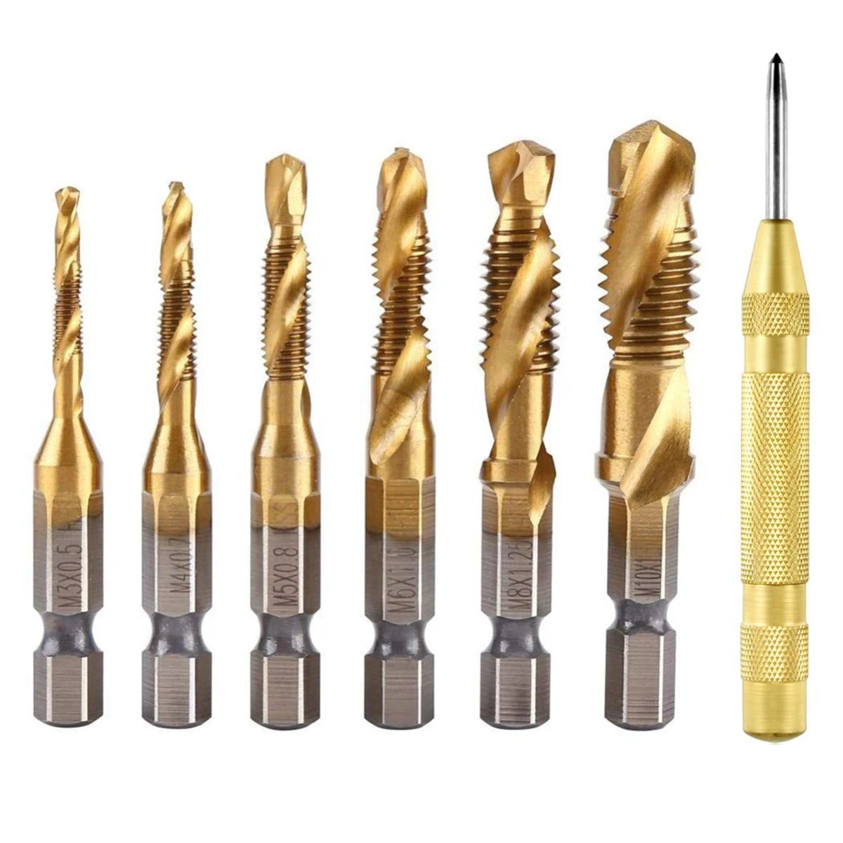 1/4 inch HSS Spiral Hex Shank Combination Drill Screw Tap Bit Set (M3-M10) With Automatic Spring Loaded Center Punch Tool
1/4 inch HSS Spiral Hex Shank Combination Drill Screw Tap Bit Set (M3-M10) With Automatic Spring Loaded Center Punch Tool