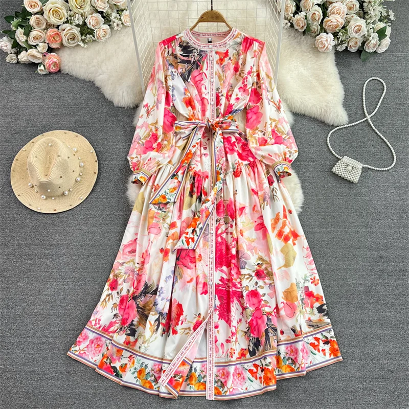 Elegant Red Long Flower Print Dress With Belt Single-breasted Puff Sleeve Round Neck Spring Summer Ladies Party Dresses Vestidos
Elegant Red Long Flower Print Dress With Belt Single-breasted Puff Sleeve Round Neck Spring Summer Ladies Party Dresses Vestidos
