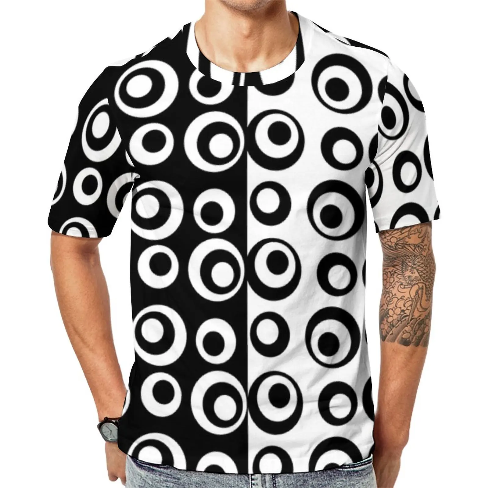

Black And White Two Tone T-Shirt Mod Love Circles Dots Popular T-Shirts Short Sleeve Printed Tops Cheap Summer Fun Big Size Tees