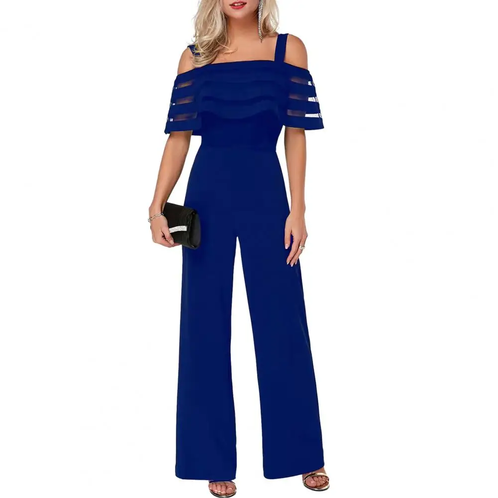 

Women Jumpsuit Sexy Off Shoulder See-through Mesh Solid Color Strappy Summer Ladies Casual Wide Leg Pants Long Romper Overall W