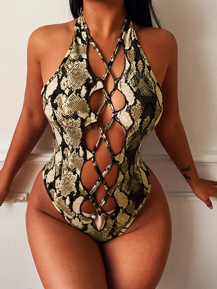 Snake Print Sexy Hollow Out Bodysuit Women 2022 Summer Streetwear Halter Lace Up Jumpsuit Cryptographic Lingerie Bodysuit Lady
Snake Print Sexy Hollow Out Bodysuit Women 2022 Summer Streetwear Halter Lace Up Jumpsuit Cryptographic Lingerie Bodysuit Lady