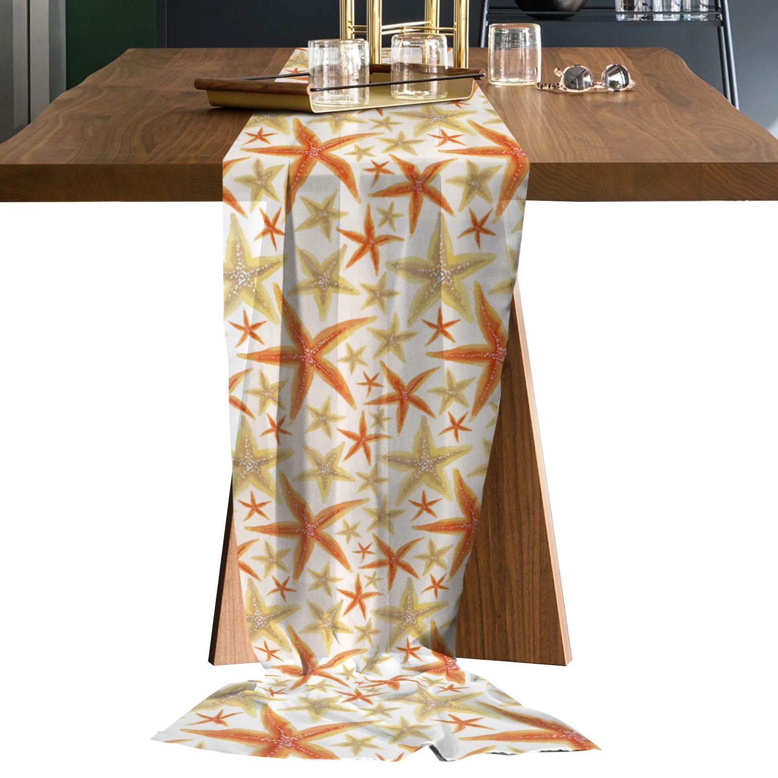 

Summer Ocean Starfish Sheer Chiffon Luxury Table Runner Dinning Table Wedding Decor Gauze Table Cloth Printed Table Runners