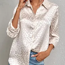 Women Elegant Leopard Print Loose Blouse Spring Summer Long Sleeve Satin Lapel Shirt Office Lady Luxury Loose Top Oversize Tunic