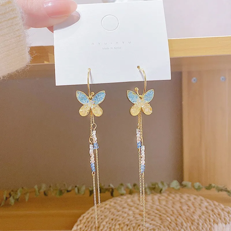 S925 Silver Needle Butterfly Design Light Blue Gold Color Rhinestone Long Fringe Tall Tassel Earrings Women's Ear Studs Jewelry
S925 Silver Needle Butterfly Design Light Blue Gold Color Rhinestone Long Fringe Tall Tassel Earrings Women's Ear Studs Jewelry