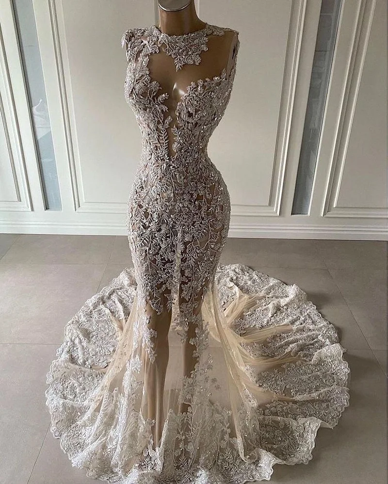 New Crystal Mermaid Wedding Dresses See Through Lace Appliqued Bridal Gowns Luxurious Sequined Dubai Custom Robe De Mariée
New Crystal Mermaid Wedding Dresses See Through Lace Appliqued Bridal Gowns Luxurious Sequined Dubai Custom Robe De Mariée