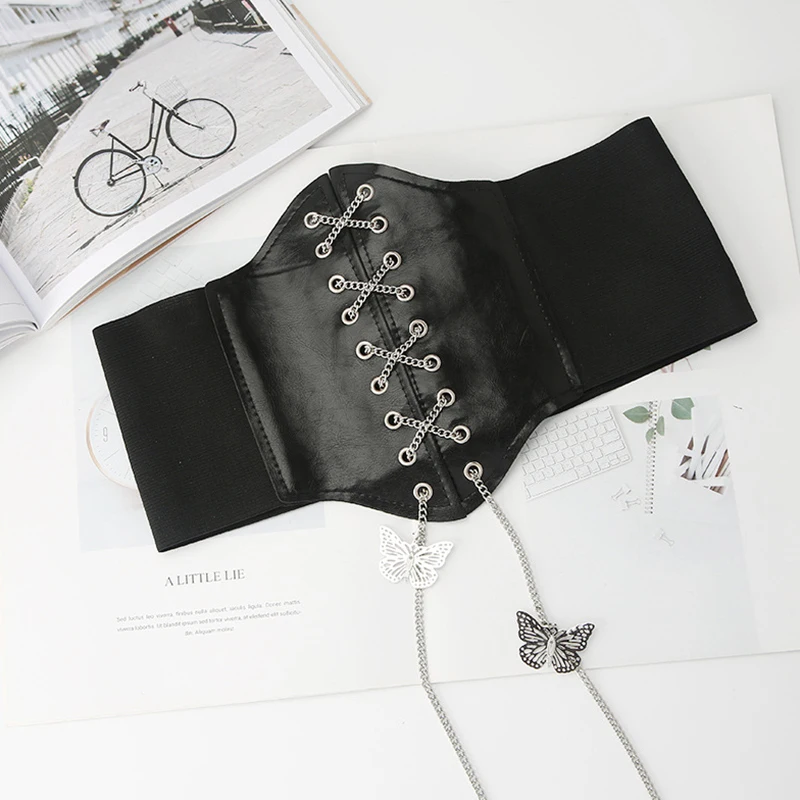 High Waist Waist Belt Metal Butterfly Chain Elastic Cummerbunds Corset Adjustable Waist Seal PU Leather Women Wide Belt Lace-up
High Waist Waist Belt Metal Butterfly Chain Elastic Cummerbunds Corset Adjustable Waist Seal PU Leather Women Wide Belt Lace-up