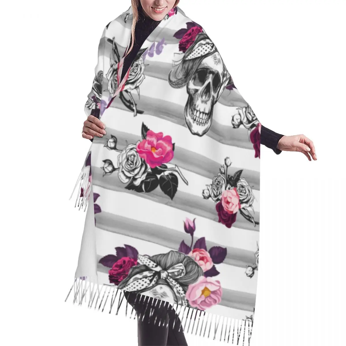 

Winter Tassel Scarf Skull Roses And Watercolor Stripes Women Cashmere Scarves Neck Head Warm Pashmina Lady Shawl Wrap Bandana