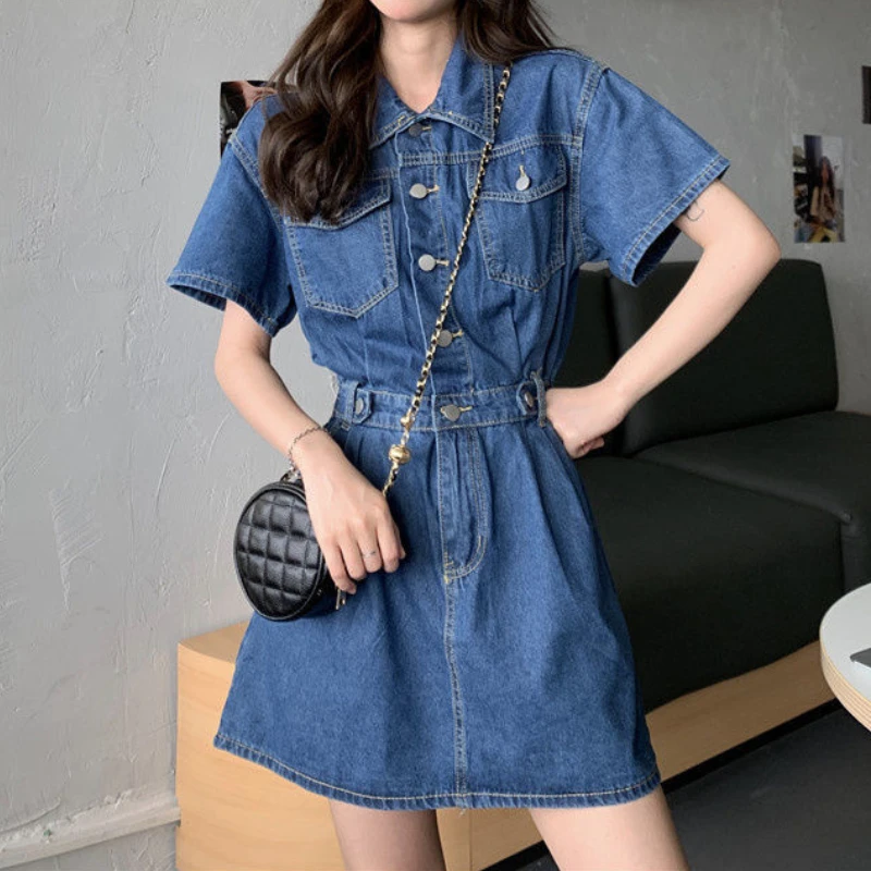 HOUZHOU Korean Style Denim Dress Women Cute Casual Short Sleeve Pocket Patchwork Button Elastic Waist Shirt Mini Dress Summer
HOUZHOU Korean Style Denim Dress Women Cute Casual Short Sleeve Pocket Patchwork Button Elastic Waist Shirt Mini Dress Summer