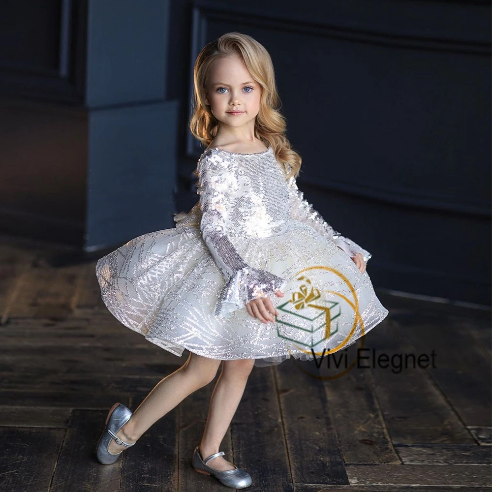 

Silver Scoop Flower Girl Dresses Tutu Full Sleeve Wedding Party Gowns with Sequined Knee Length 2023 Summer فساتين بنات صغار