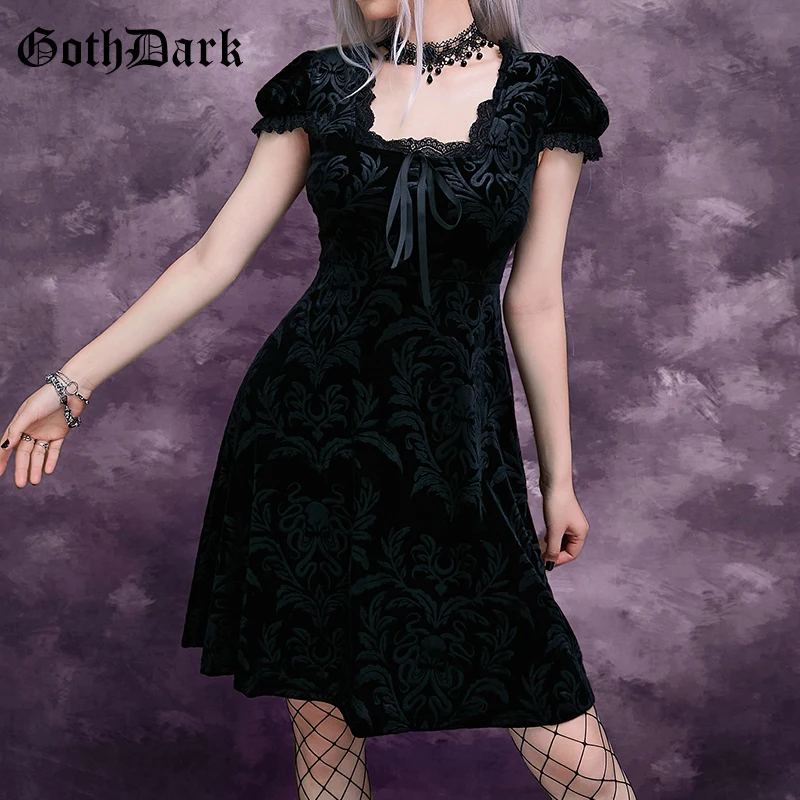 Goth Dark Velvet Gothic Grunge Scratched Vintage Dresses Women Black Lace Trim A-line Party Dress Alt Short Sleeve Streetwear
Goth Dark Velvet Gothic Grunge Scratched Vintage Dresses Women Black Lace Trim A-line Party Dress Alt Short Sleeve Streetwear