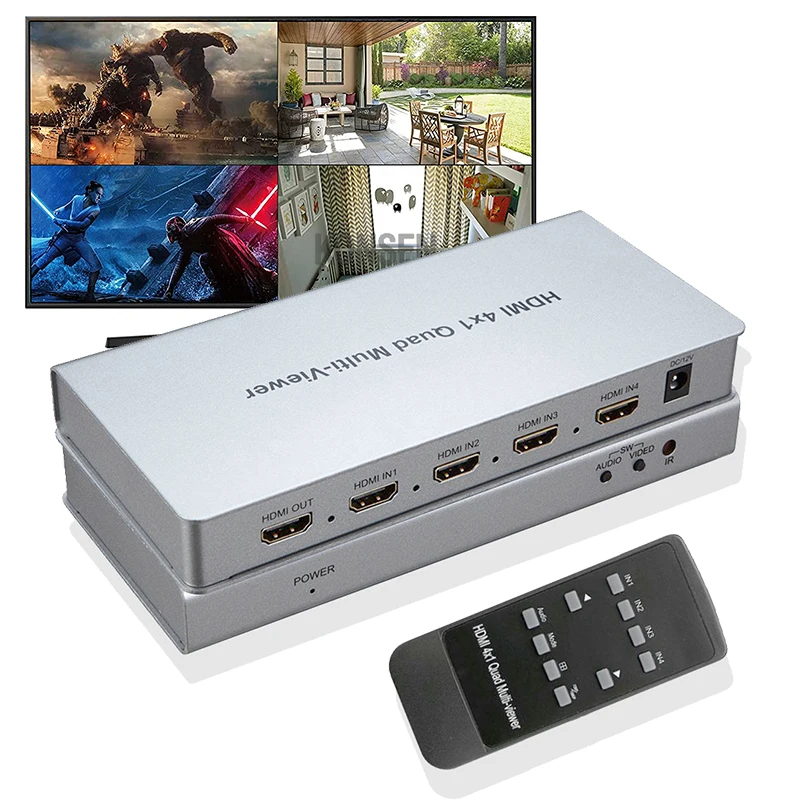 HDMI Multiviewer Switch 4x1 1080P HDMI Quad Multi-Viewer Seamless Switcher 4 in 1 Out 5 Viewing Modes for Camera Gaming Consoles 
HDMI Multiviewer Switch 4x1 1080P HDMI Quad Multi-Viewer Seamless Switcher 4 in 1 Out 5 Viewing Modes for Camera Gaming Consoles