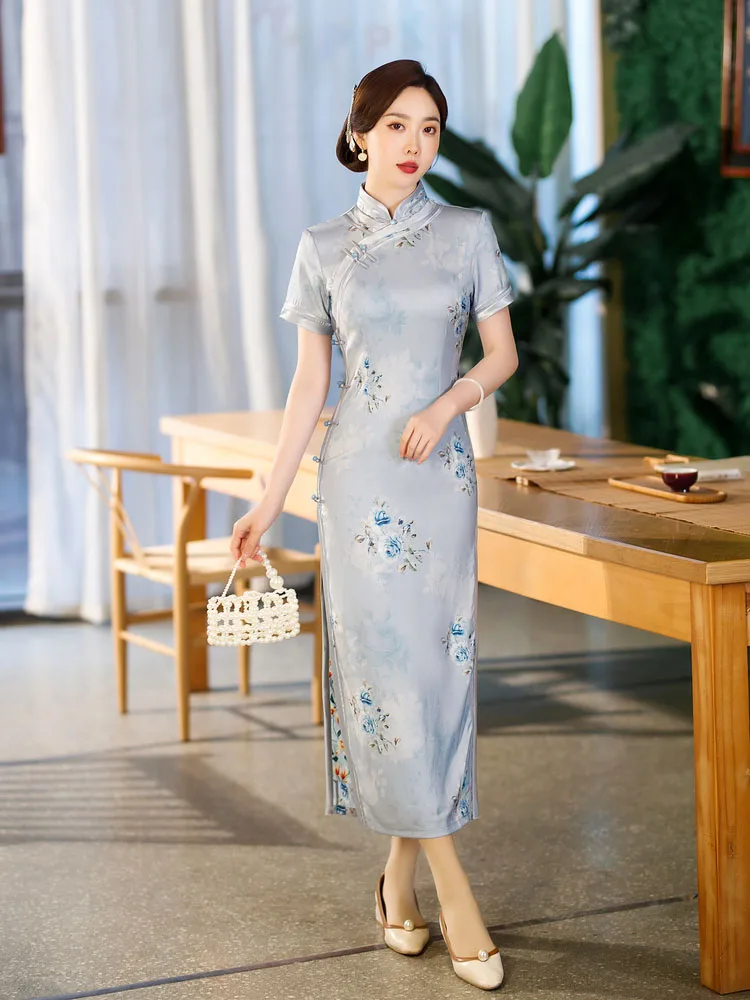

Yourqipao 2023 Summer Long Slim Silk Light Blue Cheongsam Catwalk Banquet Vintage Qipao Chinese Style Evening Dress for Women