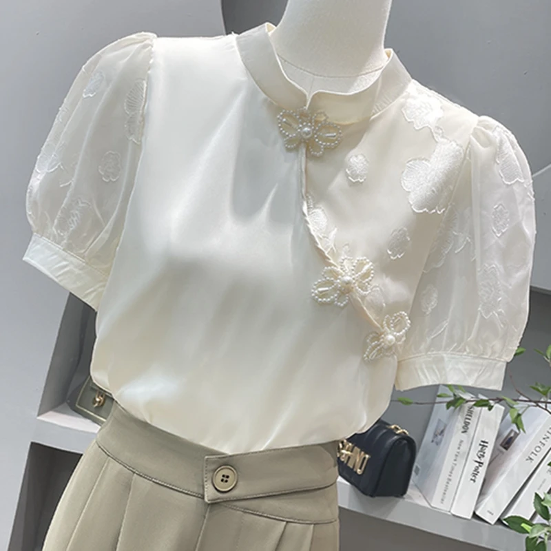 

Женская блузка с коротким рукавом, бежевая рубашка в китайском стиле, украшенная бусинами, на пуговицах, лето 2023