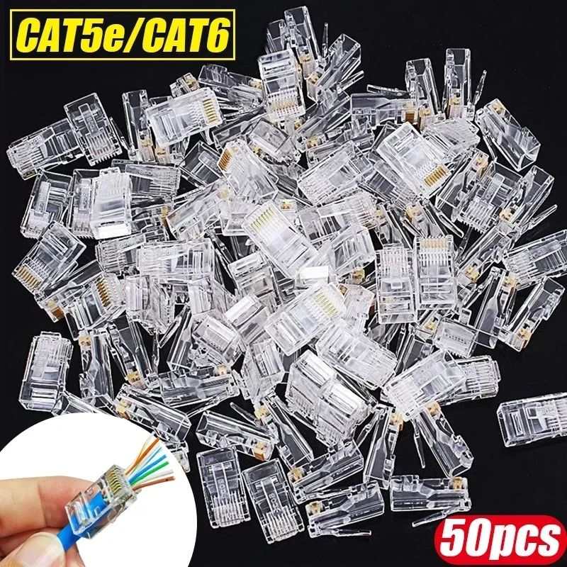 

50/40/1pcs Ethernet Cable Crimp Connectors UTP Network Plug RJ45 Cat5e Cat6 Passthrough Connector PC Hardware Cables Adapters