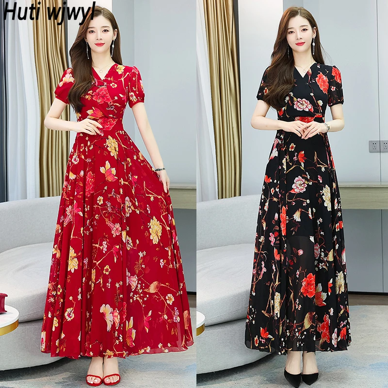 Female Red Floral Chiffon V-Neck Sexy Maxi Dress 2022 Elegant Bodycon Short Sleeve Dresses Summer Korean Vintage Beach Sundress 
Female Red Floral Chiffon V-Neck Sexy Maxi Dress 2022 Elegant Bodycon Short Sleeve Dresses Summer Korean Vintage Beach Sundress