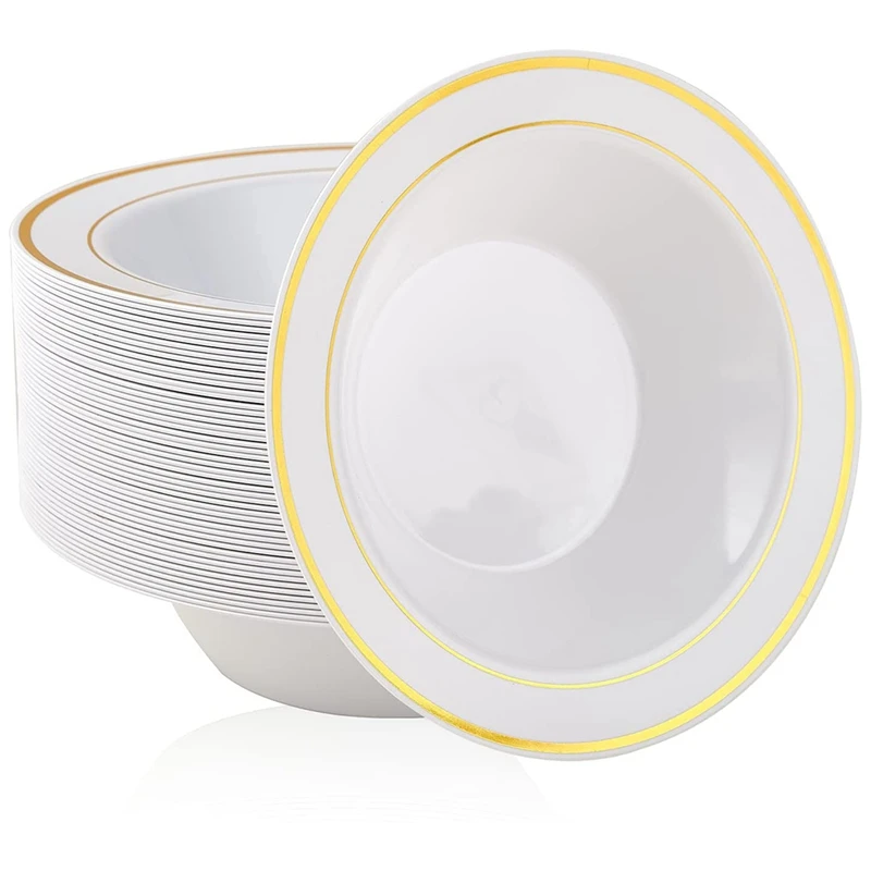 

50PCS Plastic Bowls With Rim-12Oz Disposable Soup Bowls, Premium Dessert Salad Bowls For Wedding/Party