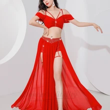 Belly Dance Professional Suit for Women Mesh Short Sleeves Top+sexy Split Long Skirt 2pcs Girls Oriental Belly Dancing Suit
