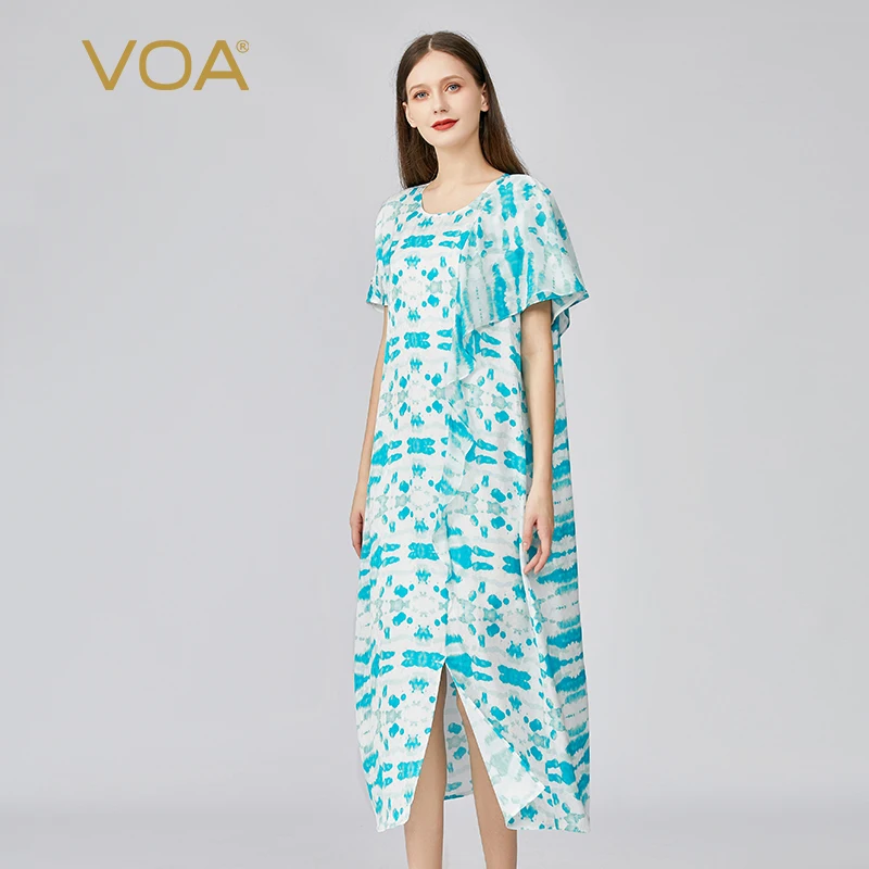 VOA Simple Ruffled Short Sleeve Blue Jacquard Silk Woman Dress New Casual Holiday Asymmetric Hem Split Loose Long Dresses AE1155
VOA Simple Ruffled Short Sleeve Blue Jacquard Silk Woman Dress New Casual Holiday Asymmetric Hem Split Loose Long Dresses AE1155