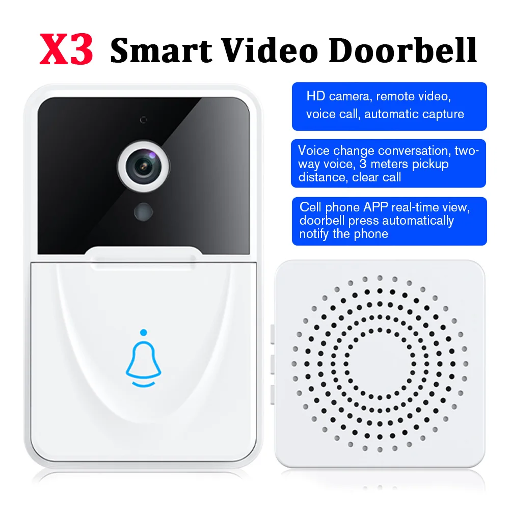 X3 Doorbell Outdoor HD WiFi Wireless Camera Security Door Bell Night Vision Video Intercom Voice Change Home Monitor Door Phone
X3 Doorbell Outdoor HD WiFi Wireless Camera Security Door Bell Night Vision Video Intercom Voice Change Home Monitor Door Phone