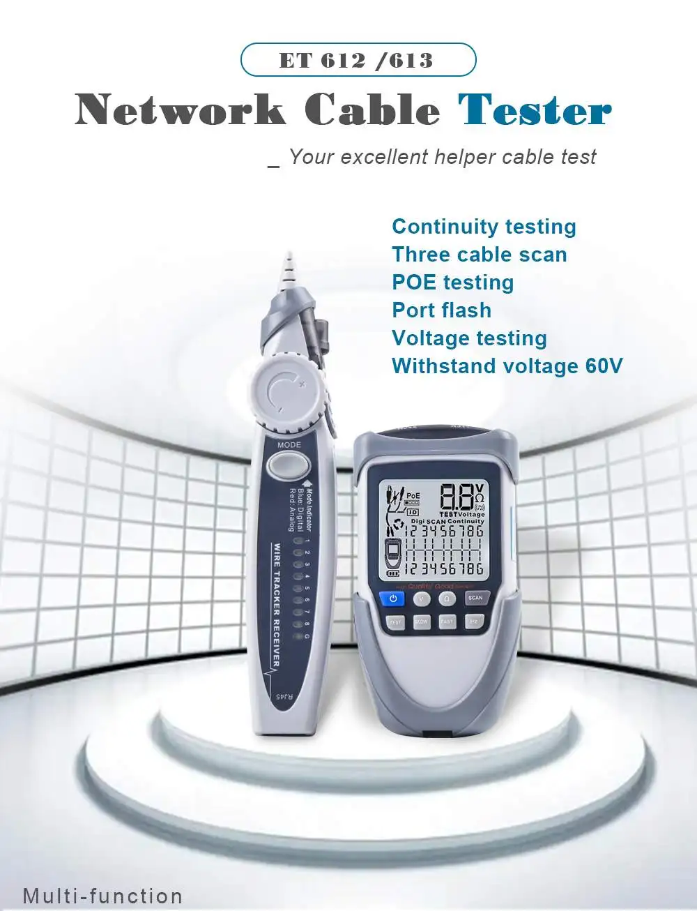 ET613/ET612 Handheld Network Cable Tester Continuity Voltage Polarity Checking POE Test Line Finding LCD Digital Wire Trackers
ET613/ET612 Handheld Network Cable Tester Continuity Voltage Polarity Checking POE Test Line Finding LCD Digital Wire Trackers