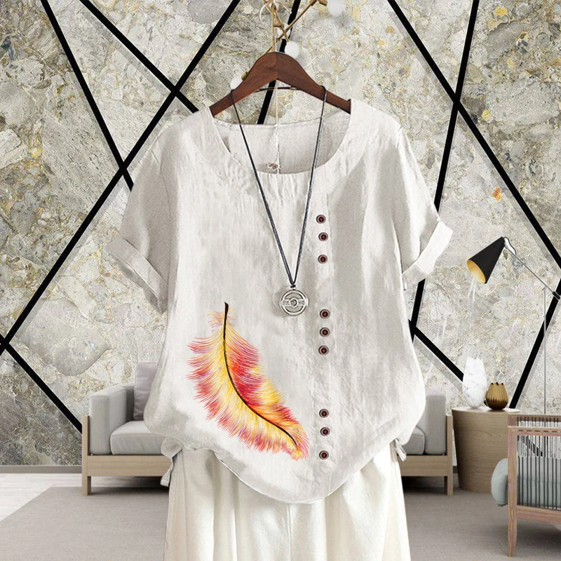 Women's Colorful Feather Pattern O Neck Clothing Loose T Shirt Summer Top for Lady Casual Style Cotton Linen Print Short Sleeve
Women's Colorful Feather Pattern O Neck Clothing Loose T Shirt Summer Top for Lady Casual Style Cotton Linen Print Short Sleeve