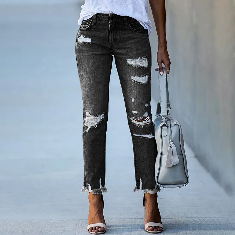 

Новинка 2023, джинсы с бахромой, женские узкие эластичные брюки с эффектом потертости в европейском и американском стиле, женские джинсы