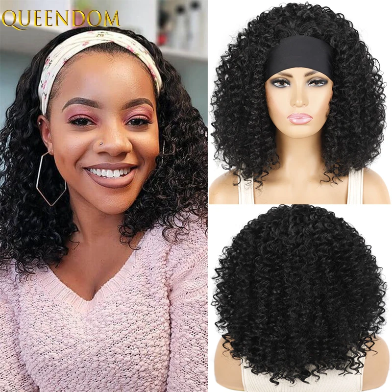 

Natural Short Afro Brown Kinky Curly Headband Women's Wig Ombre Blond Bob Wig with Bang Synthetic Fluffy Deep Curly Wigs Cosplay