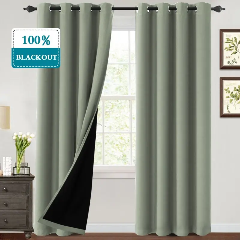 

Thermal Insulated 100% Blackout Grommet Curtains for Bedroom with Black Liner(52 x 84-Inch, Sage, 2 Panels)
