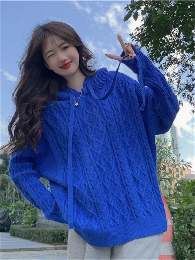 

Klein Blue Twist Sweater Women's 2022 Autumn Winter New Korean Version Hooded Loose Outerwear Thickened Knitted Sweater Feminina