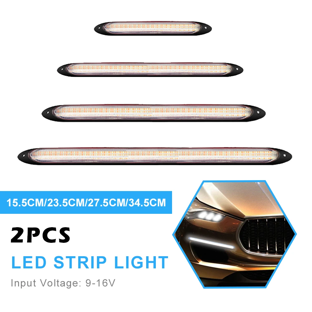 

2PCS Car LED Strip Light Scan Daytime Running Light 12V Flexible Auto Headlights White Yellow DRL Flowing Turn Signal Waterproof
