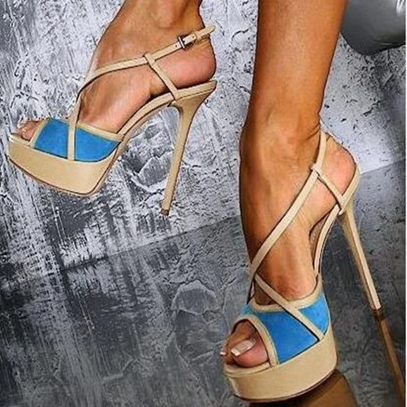 

Синие бежевые кожаные сандалии в стиле пэчворк на высоком каблуке с открытым носком и перекрестными ремешками туфли-лодочки на высоком каблуке на платформе женские вечерние туфли