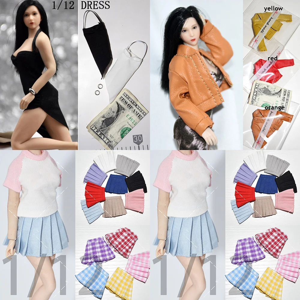 

1/12 Women Soldier Skirt Ice Silk Dress Kawaii Japanese Girl Pleated Skirt Plaid Skirt Jacket Fit 6" Action Figrue Model