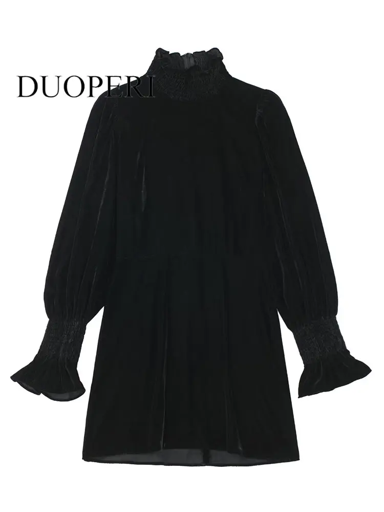 DUOPERI Women Fashion Solid Velvet Back Zipper Mini Dress Vintage High Neck Three Quarter Sleeves Female Chic Lady Dresses
DUOPERI Women Fashion Solid Velvet Back Zipper Mini Dress Vintage High Neck Three Quarter Sleeves Female Chic Lady Dresses